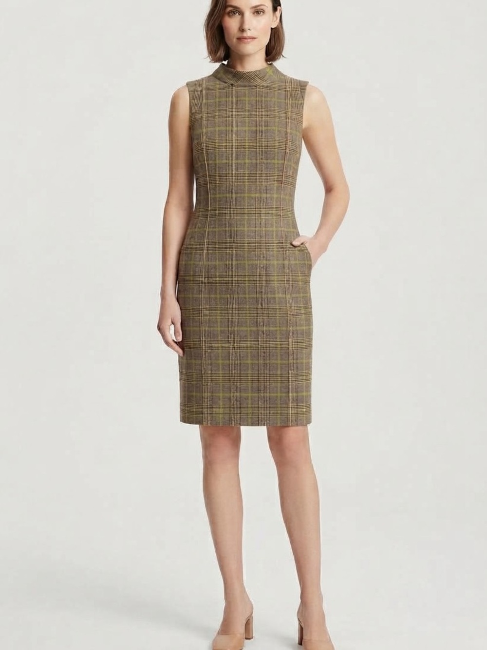 ZENOBIA 60s Mod Plaid Tweed Mock Neck Sleeveless Sheath Midi Dress Size 6⁠